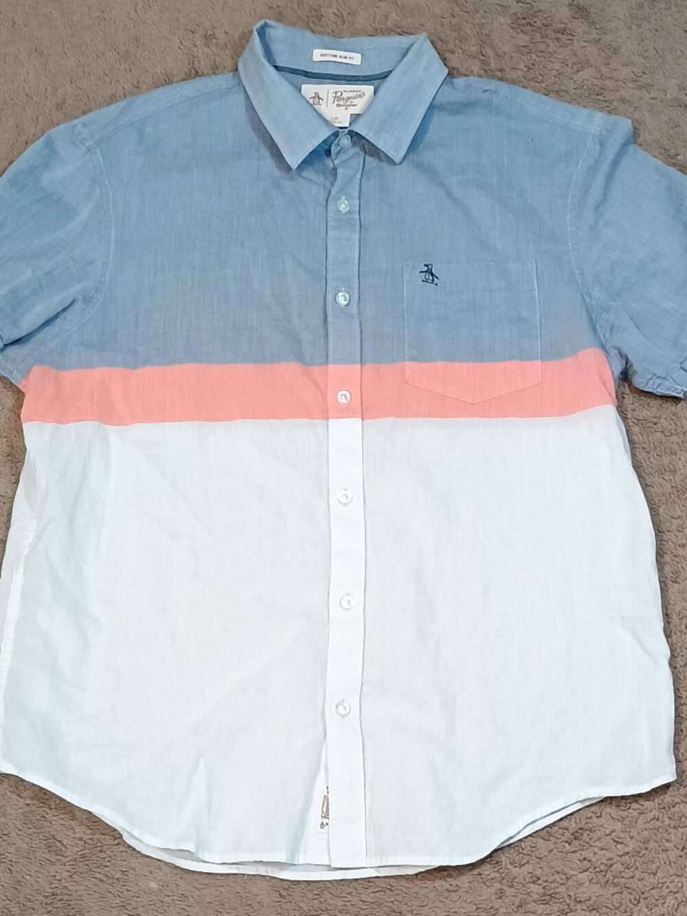 Penguin Shirt/Mens Large/Blue Pink White Stripe/Preppy Heritage Slim Button Down